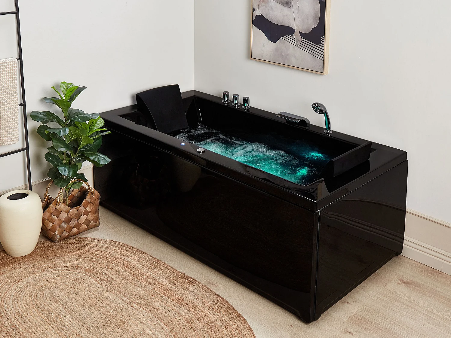Baignoire d'angle à remous avec LED VARADERO Côté droit 183 x 90 cm Noir