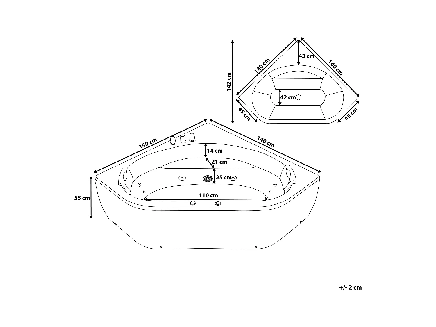 Baignoire d'angle à remous avec LED MEVES 140 x 140 cm Noir