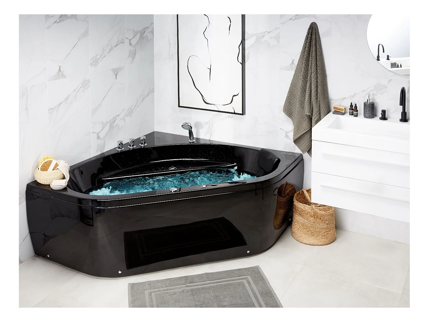 Baignoire d'angle à remous avec LED MEVES 140 x 140 cm Noir