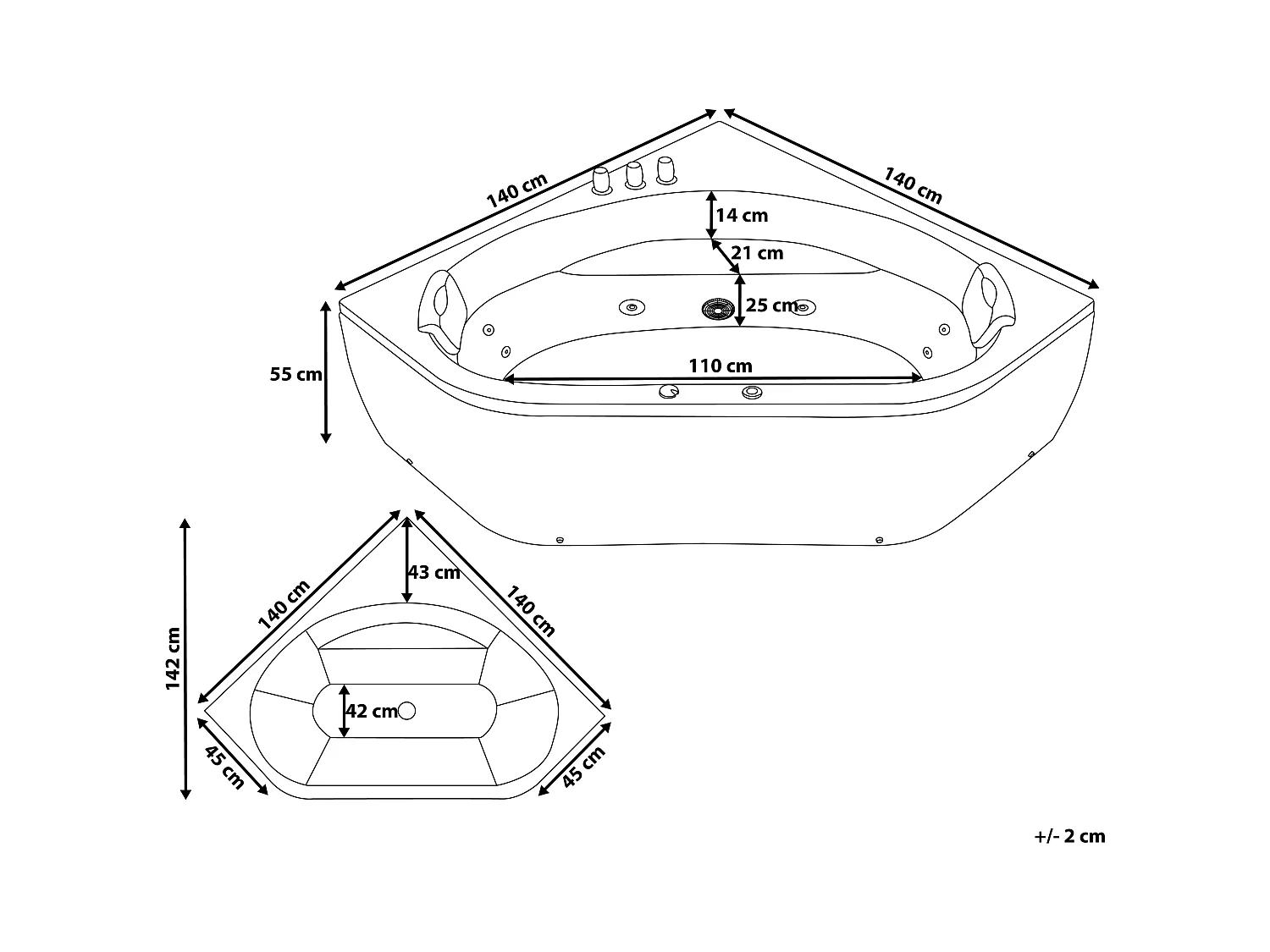 Baignoire d'angle à remous avec LED MEVES 140 x 140 cm Noir