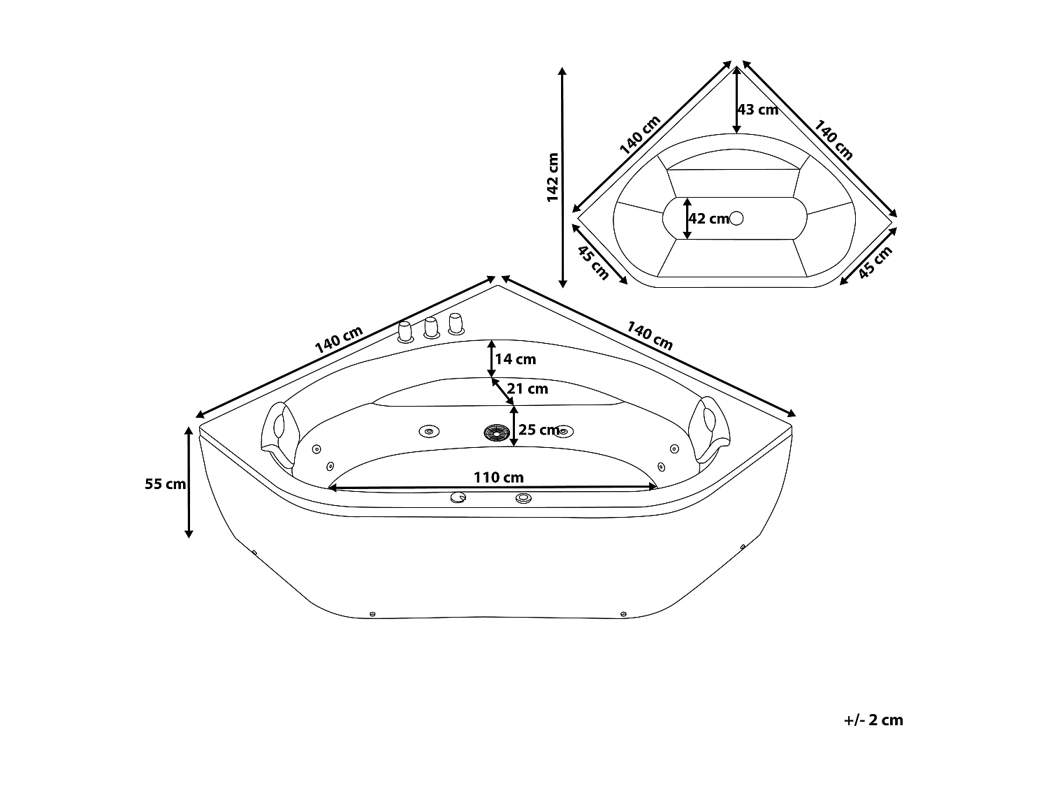 Baignoire d'angle à remous avec LED MEVES 140 x 140 cm Noir