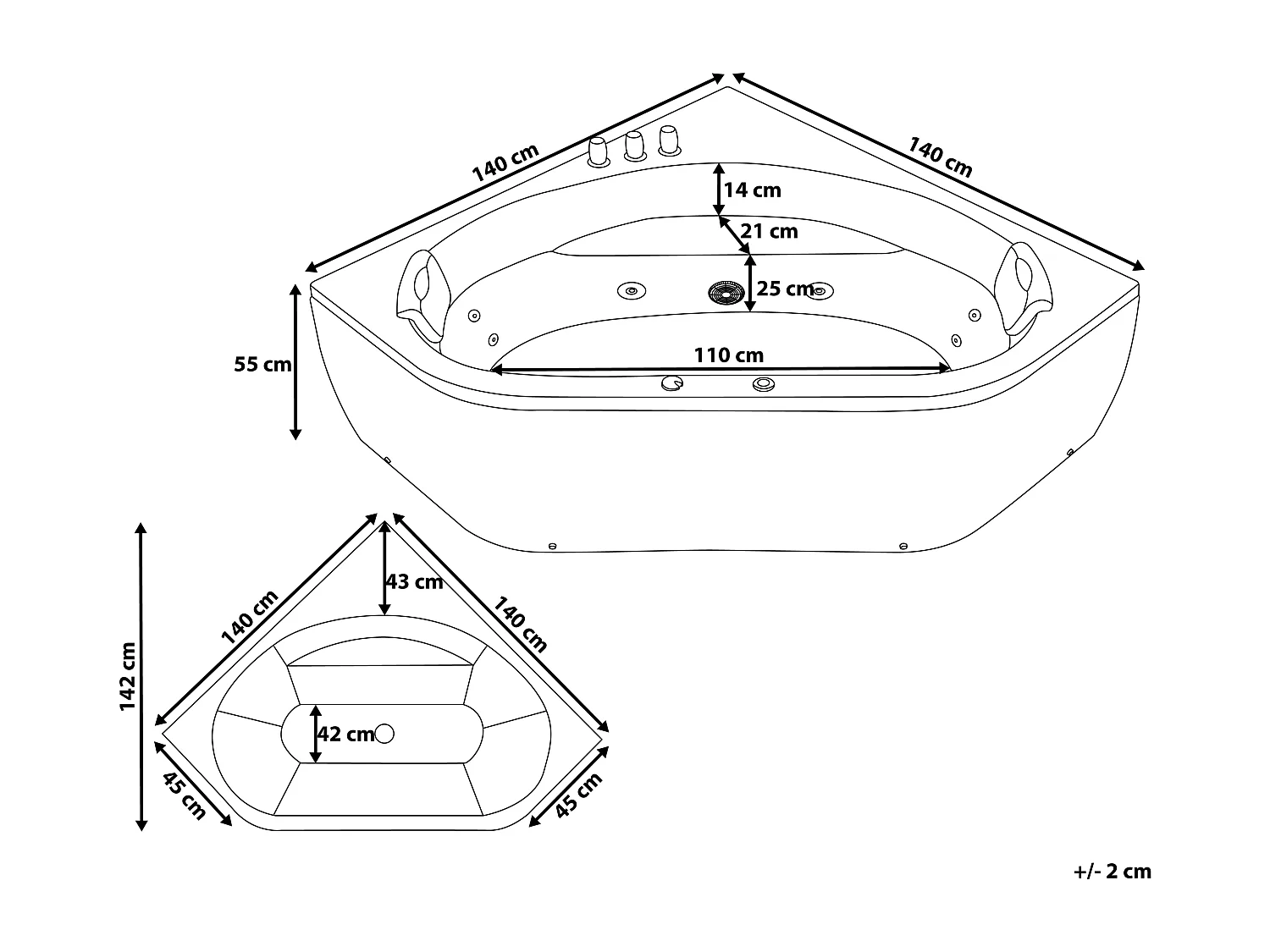 Baignoire d'angle à remous avec LED MEVES 140 x 140 cm Noir