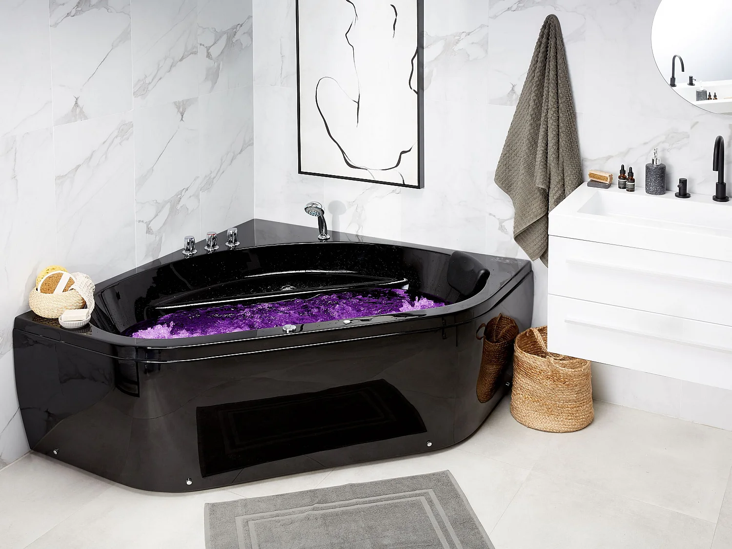Baignoire d'angle à remous avec LED MEVES 140 x 140 cm Noir