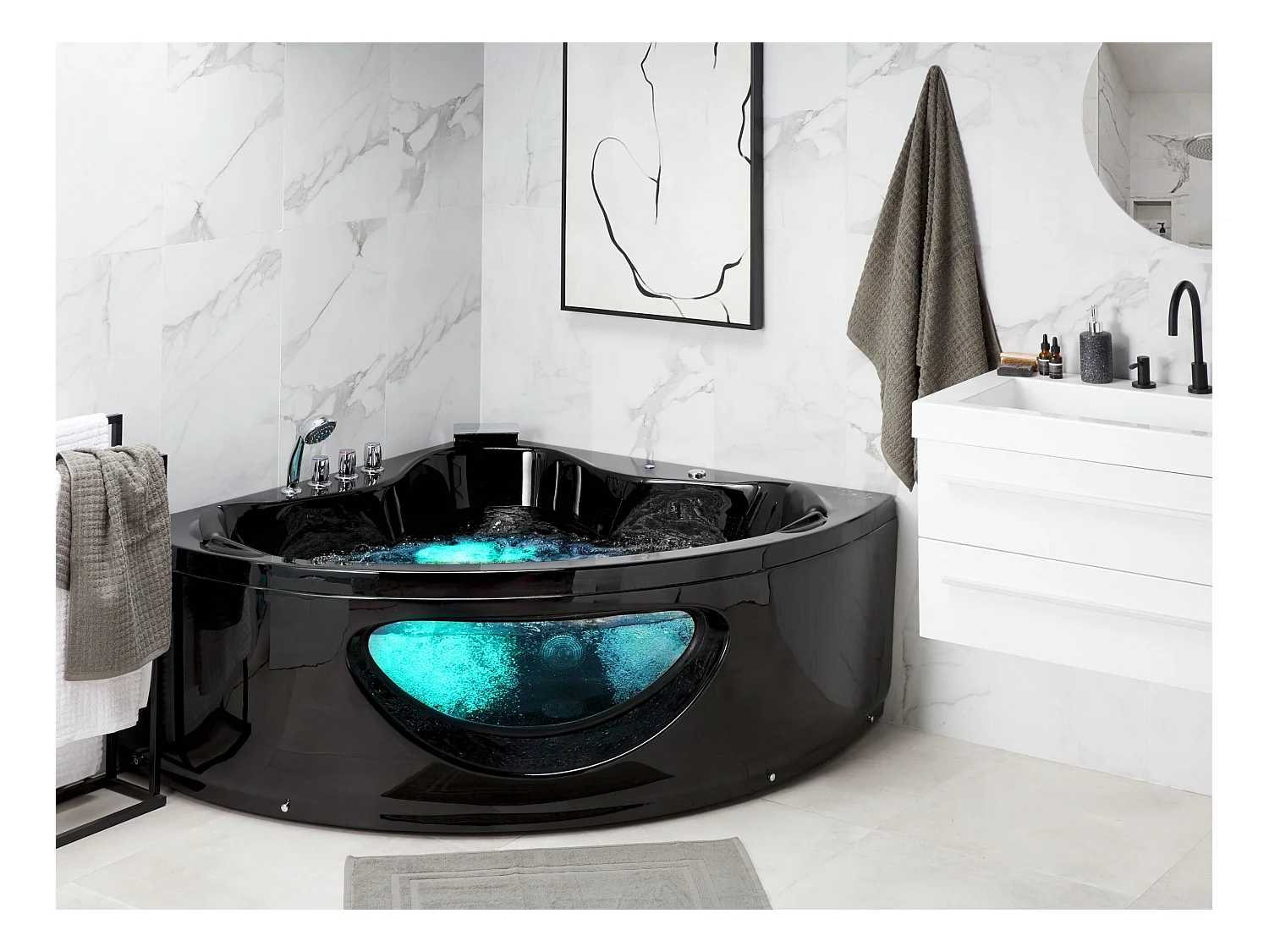 Baignoire d'angle à remous avec LED TOCOA 190 x 150 cm Noir