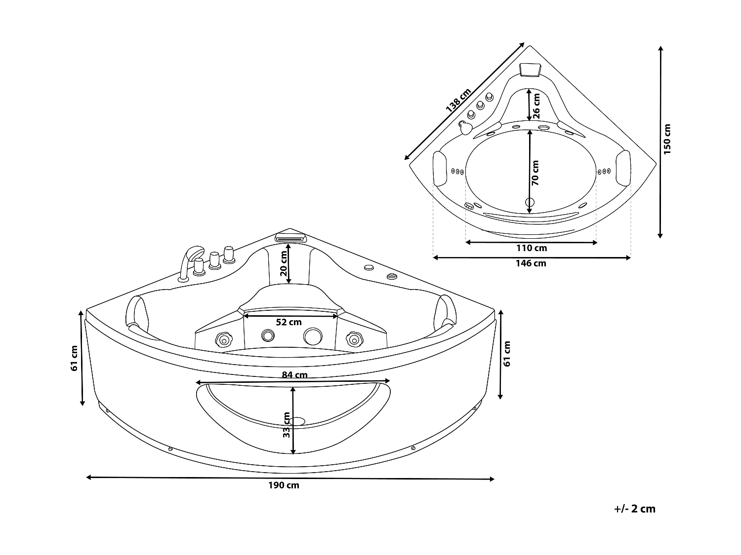 Hoek bubbelbad met LED TOCOA 190 x 150 cm Zwart