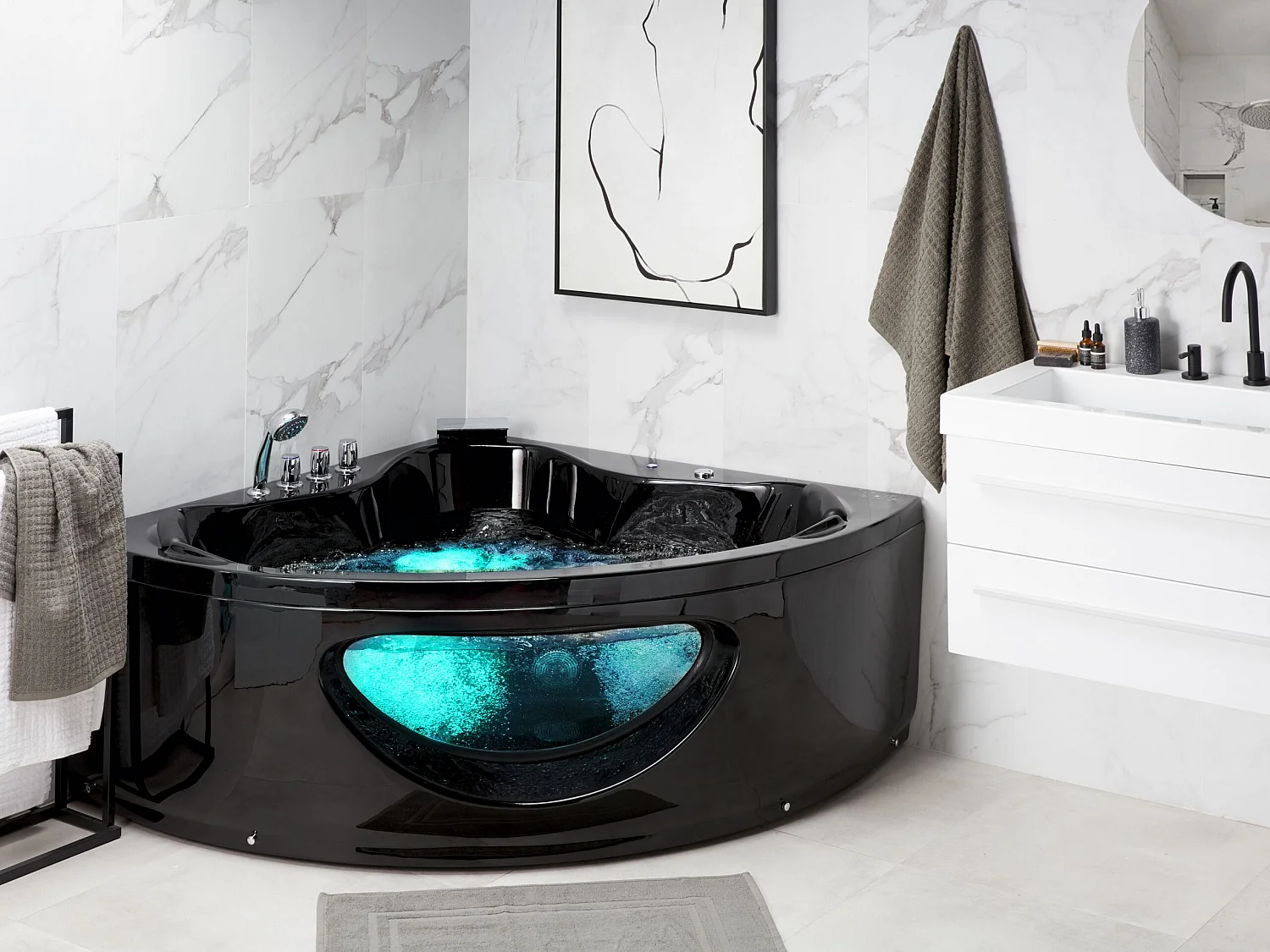 Baignoire d'angle à remous avec LED TOCOA 190 x 150 cm Noir