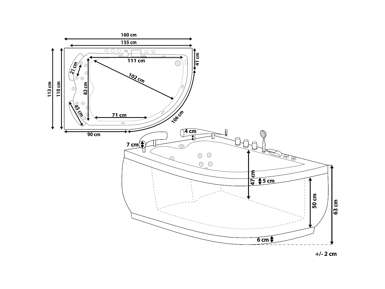 Baignoire d'angle à remous avec LED PARADISO Côté droit 158 x 113 cm Blanc