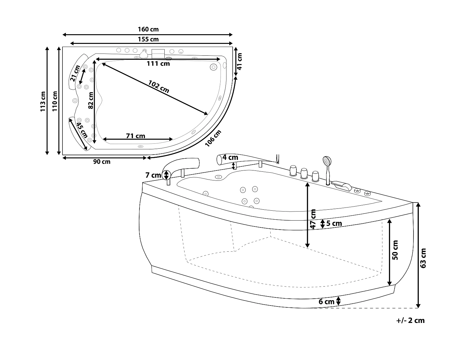 Baignoire d'angle à remous avec LED PARADISO Côté droit 158 x 113 cm Blanc