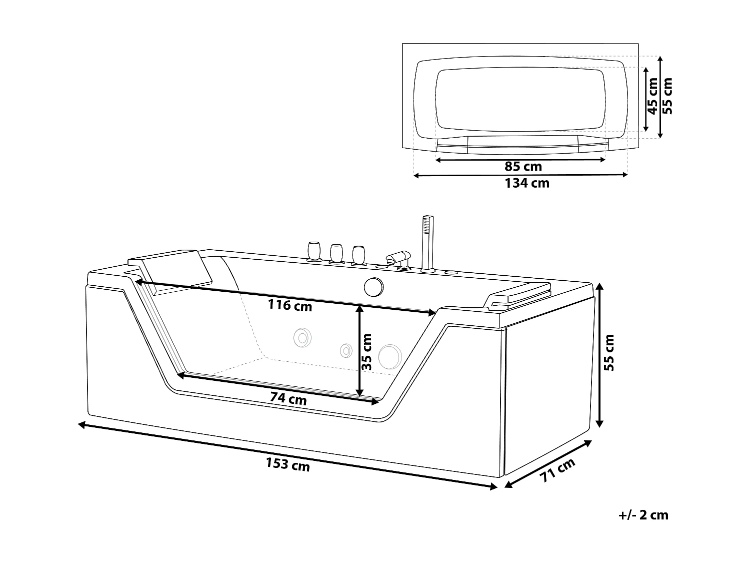 Whirlwanne Badewanne weiß rechteckig Doppelwanne mit Massage LED 150 cm Samana