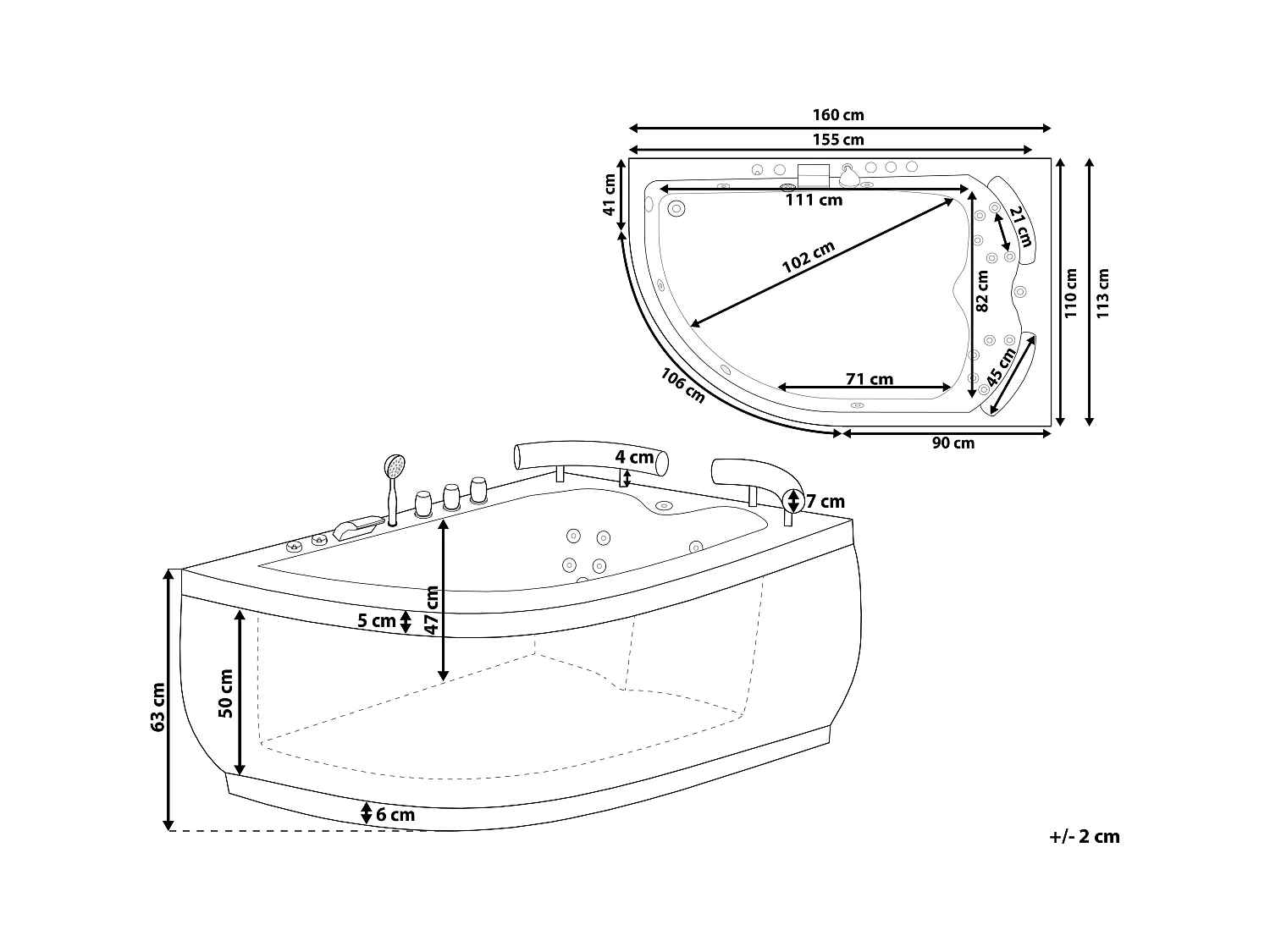 Hoek bubbelbad met LED PARADISO Linkerzijde 158 x 113 cm Wit