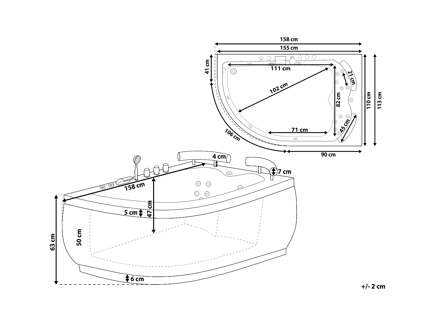 Hoek bubbelbad met LED PARADISO Linkerzijde 158 x 113 cm Wit