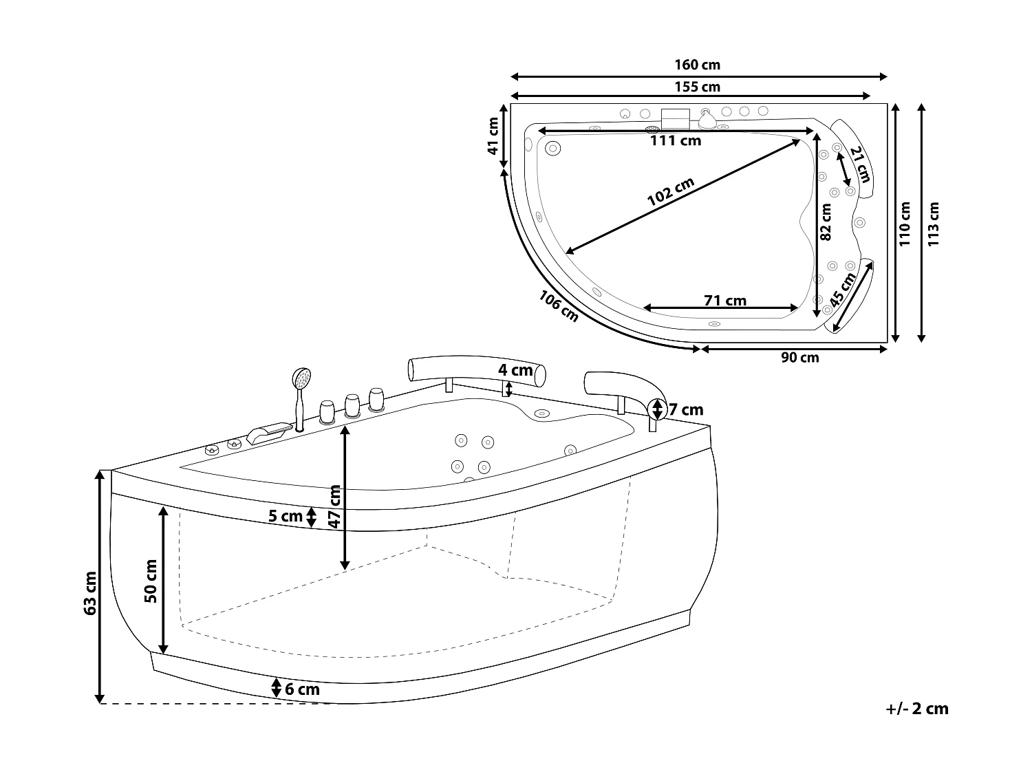 Hoek bubbelbad met LED PARADISO Linkerzijde 158 x 113 cm Wit