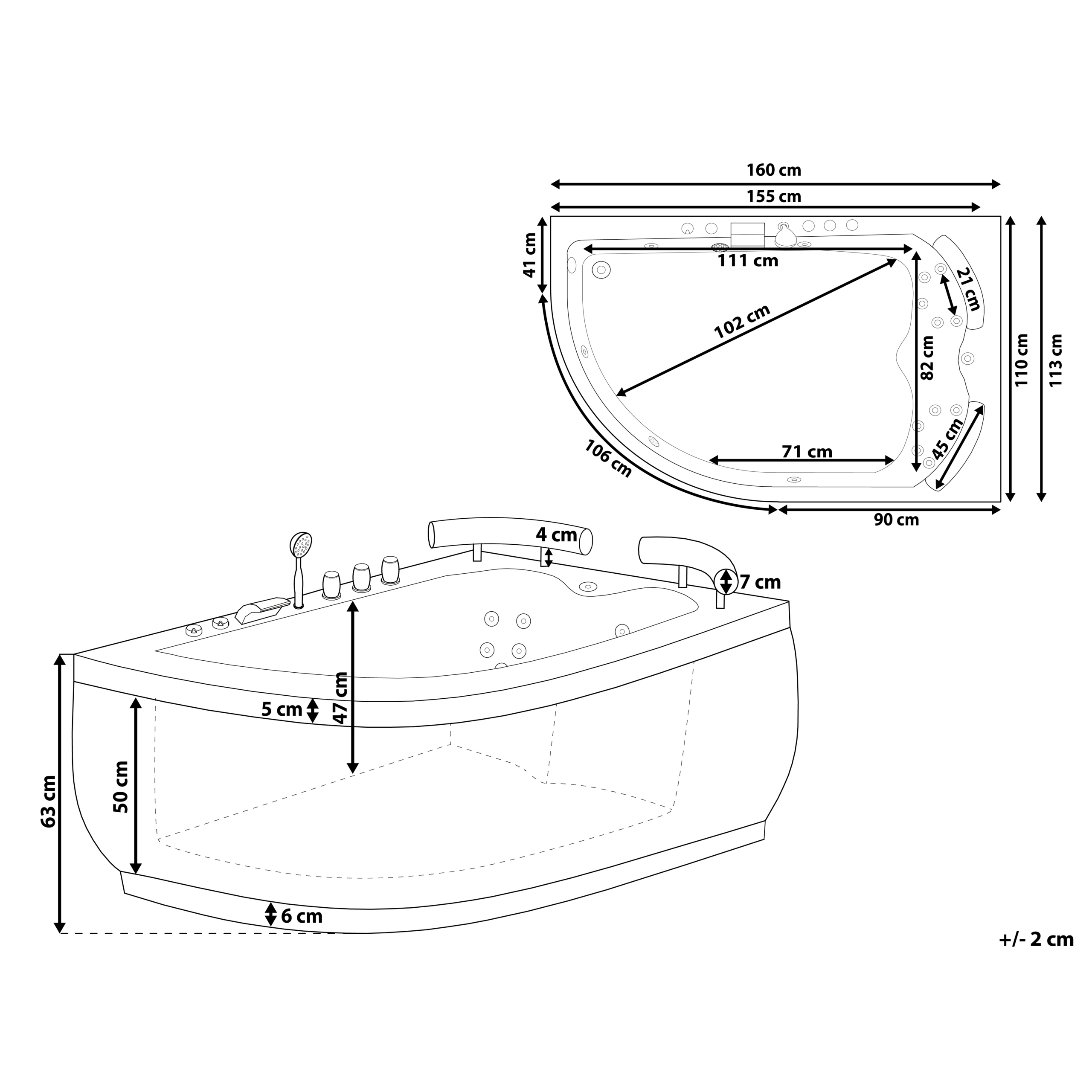 Hoekbad whirlpool LED wit 160 x 113 cm linkszijdig PARADISO