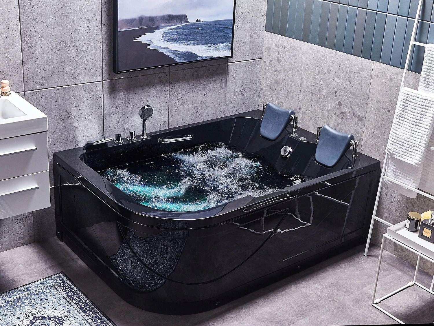 Schwarze Whirlwanne Badewanne mit LED-Beleuchtung SPA 170 x 119 cm links Bayamo