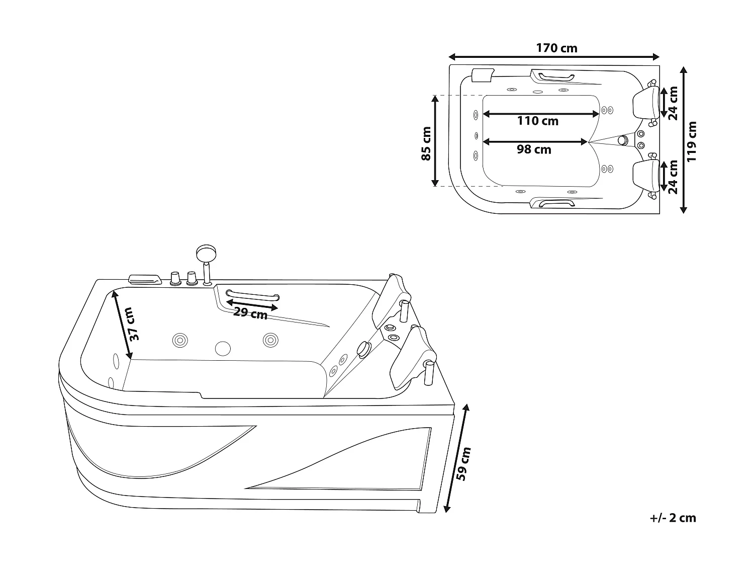 Schwarze Whirlwanne Badewanne mit LED-Beleuchtung SPA 170 x 119 cm links Bayamo