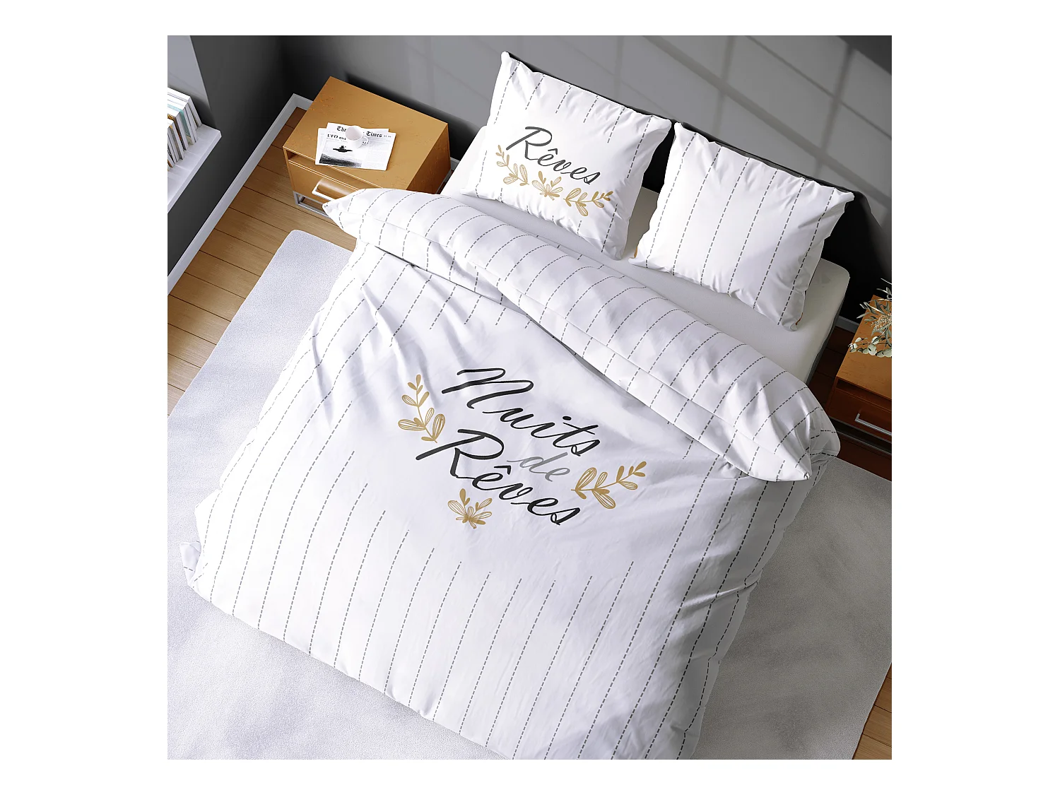 Parure de lit 260x240 cm coton REVES Ecru 3 pièces