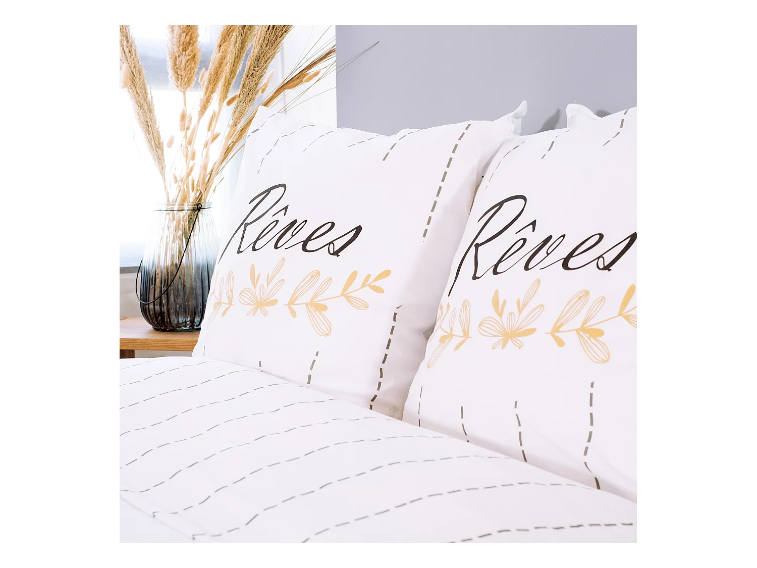 Parure de lit 260x240 cm coton REVES Ecru 3 pièces