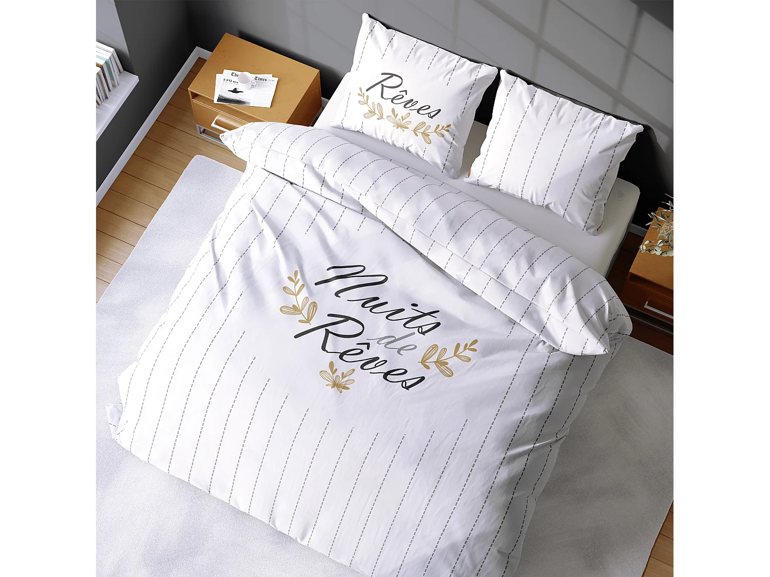 Parure de lit 260x240 cm coton REVES Ecru 3 pièces