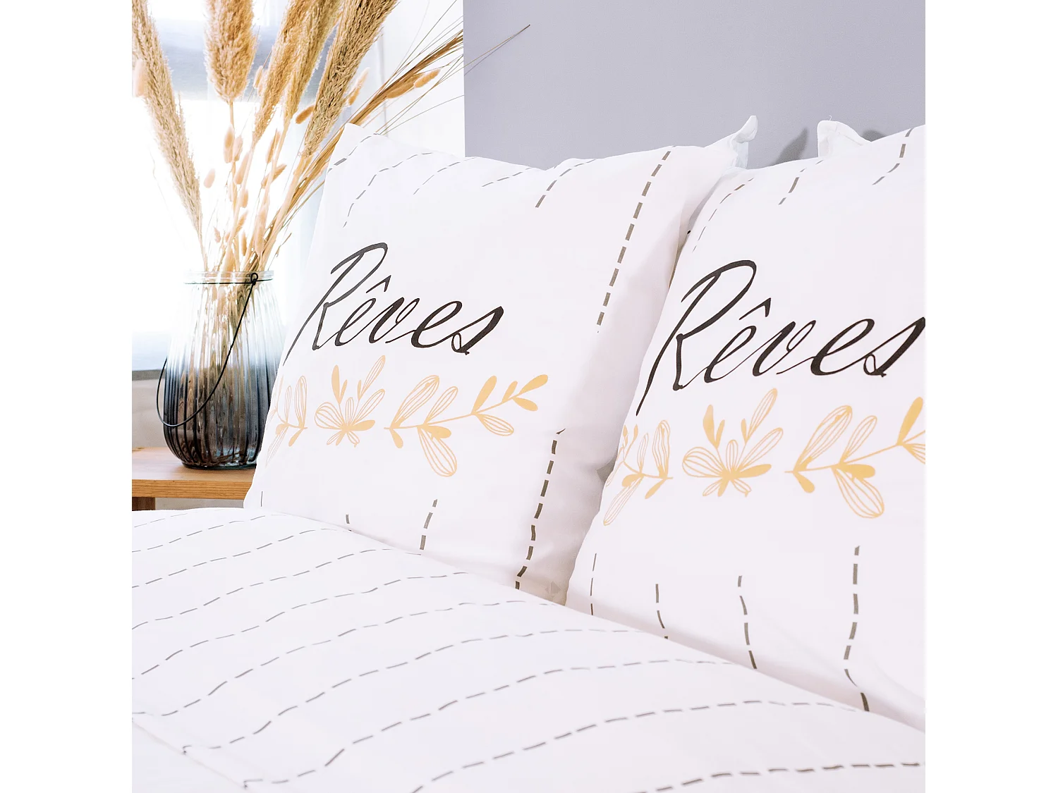 Parure de lit 260x240 cm coton REVES Ecru 3 pièces