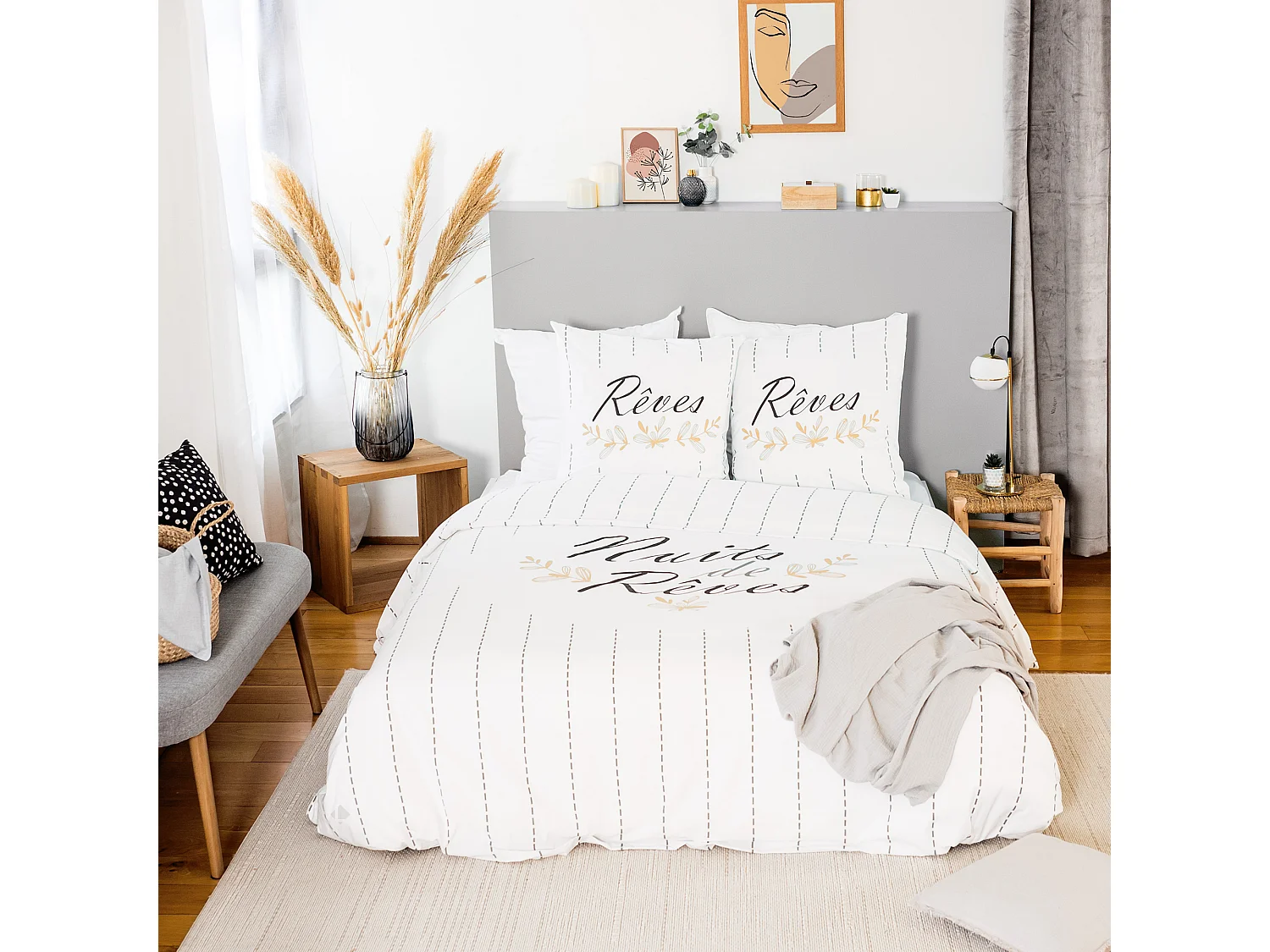 Parure de lit 260x240 cm coton REVES Ecru 3 pièces