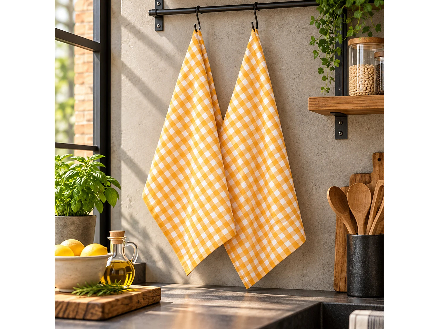 Lot de 2 torchons de cuisine toile 50x70 cm SQUARES VICHY jaune