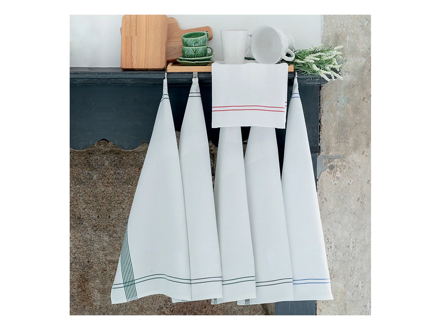 Torchon de cuisine 50x70 cm nid d'abeille WAFFLE PIQUET blanc filet vert