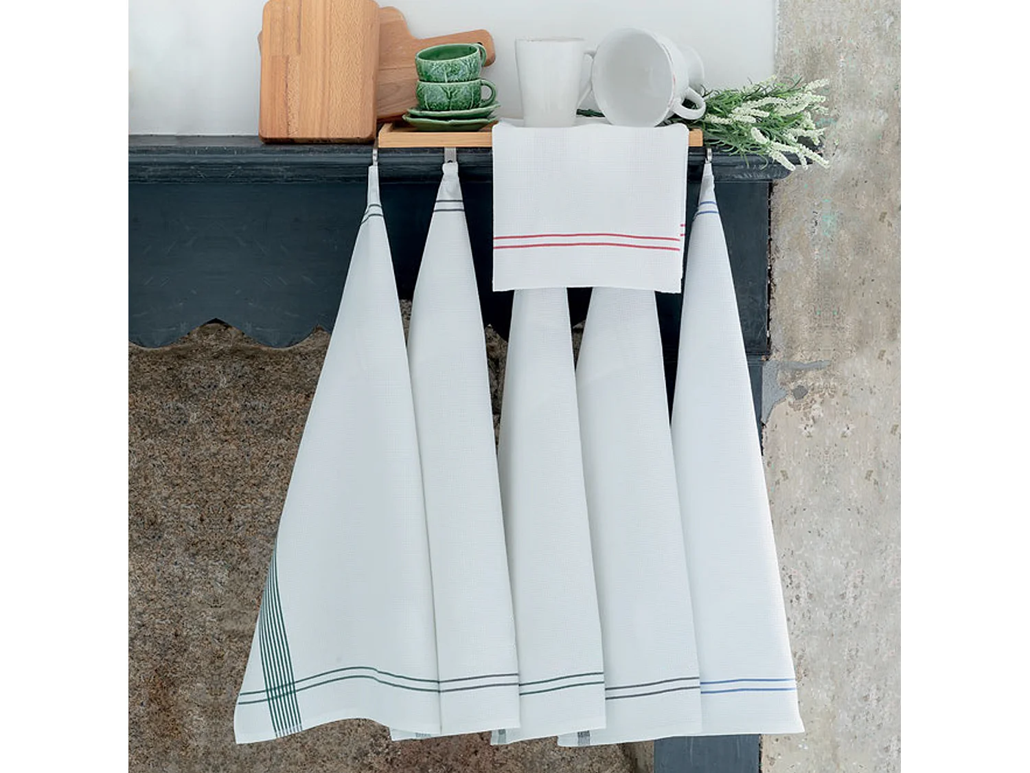 Torchon de cuisine 50x70 cm nid d'abeille WAFFLE PIQUET blanc filet vert