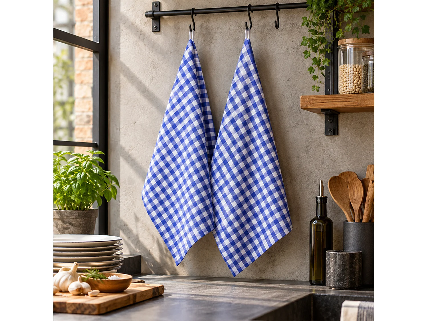 Lot de 2 torchons de cuisine toile 50x70 cm SQUARES VICHY bleu Ultramar