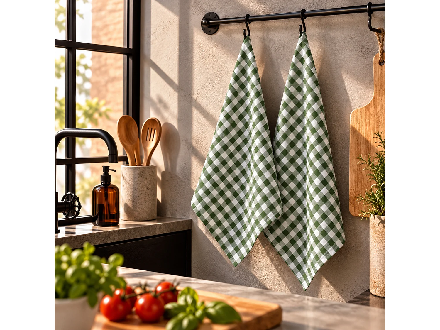 Lot de 2 torchons de cuisine toile 50x70 cm SQUARES VICHY vert kaki