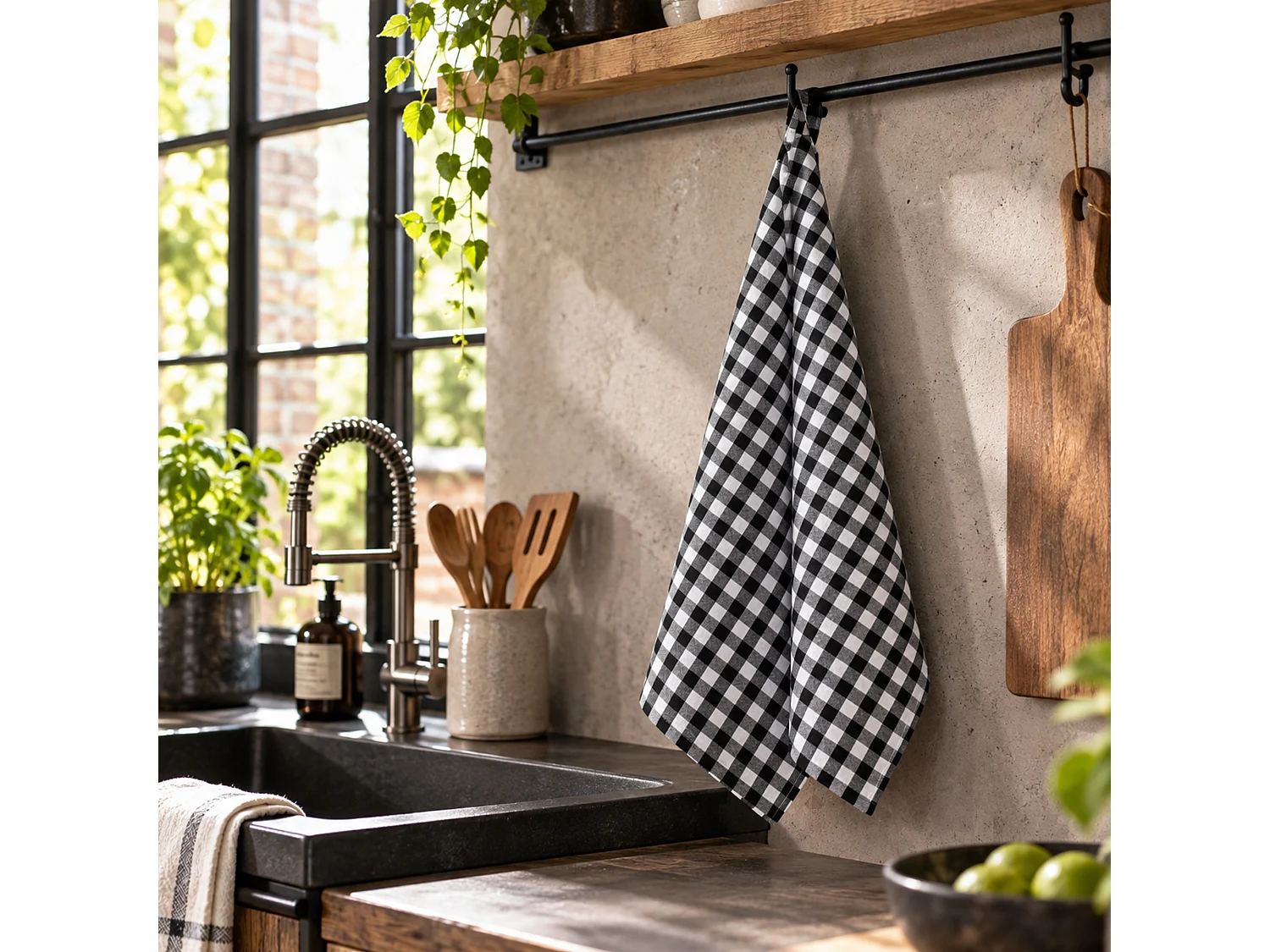 Lot de 2 torchons de cuisine toile 50x70 cm SQUARES VICHY noir
