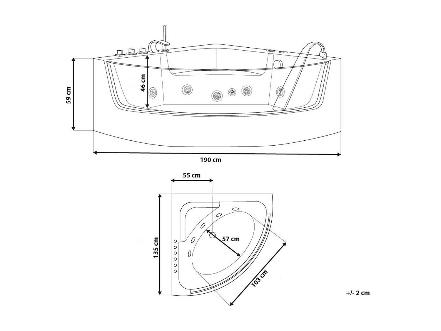 Hoek bubbelbad met LED MARINA 190 x 135 cm Wit