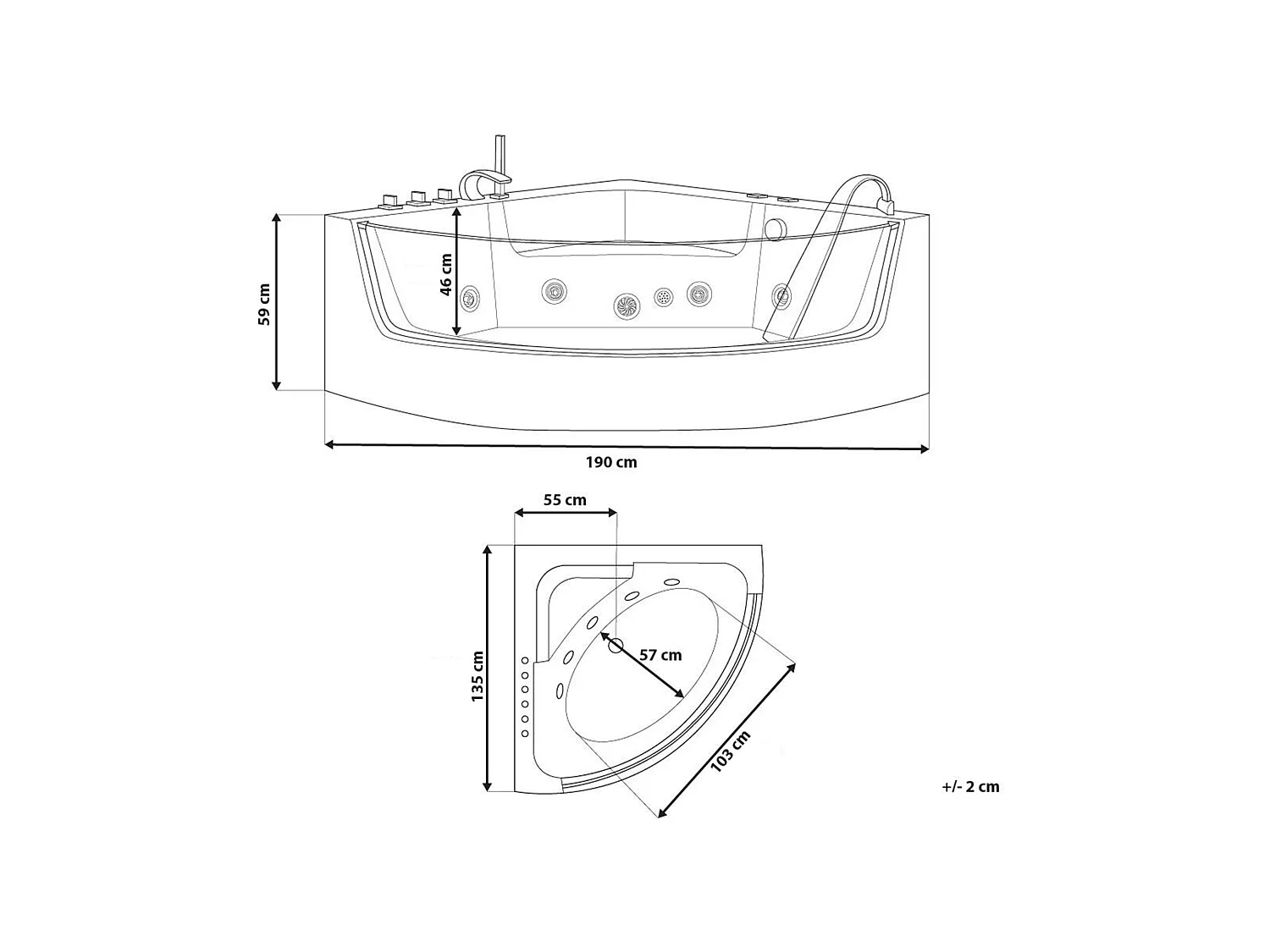 Baignoire d'angle à remous avec LED MARINA 190 x 135 cm Blanc