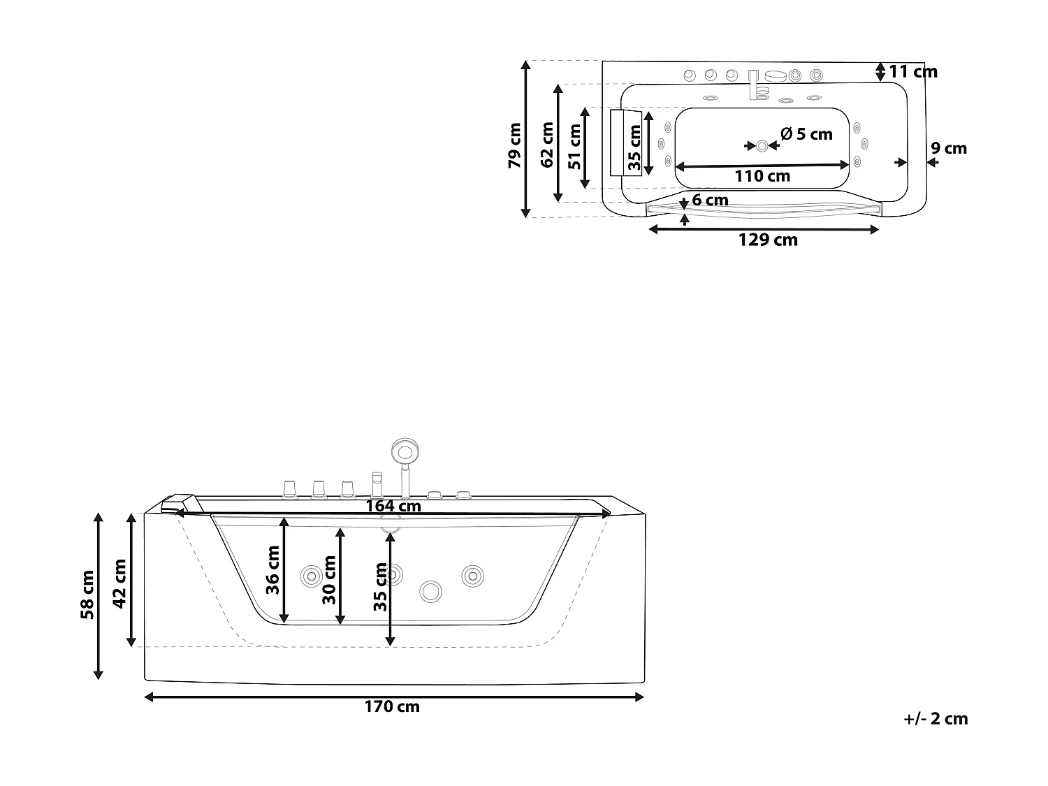 Whirlpool Badewanne weiß rechteckig 170 x 80 cm MANTA