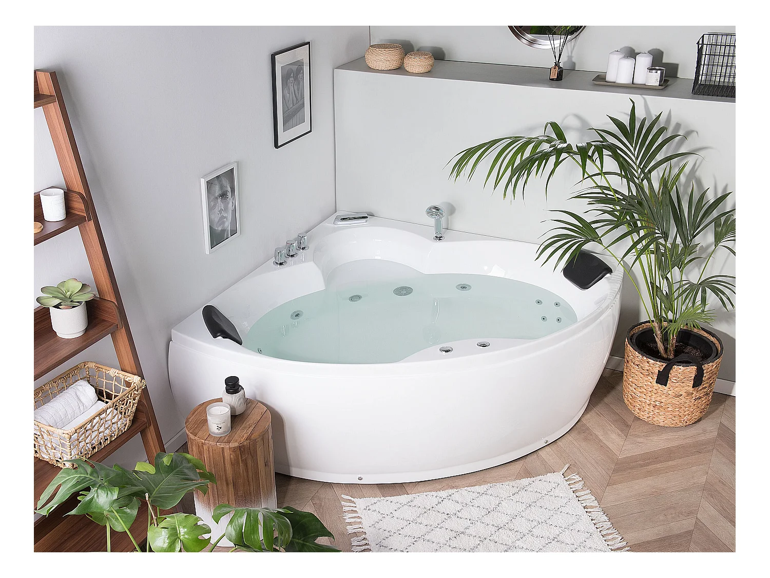 Whirlpool Badewanne Eckmodell mit LED SENADO 205 x 150 cm Weiss