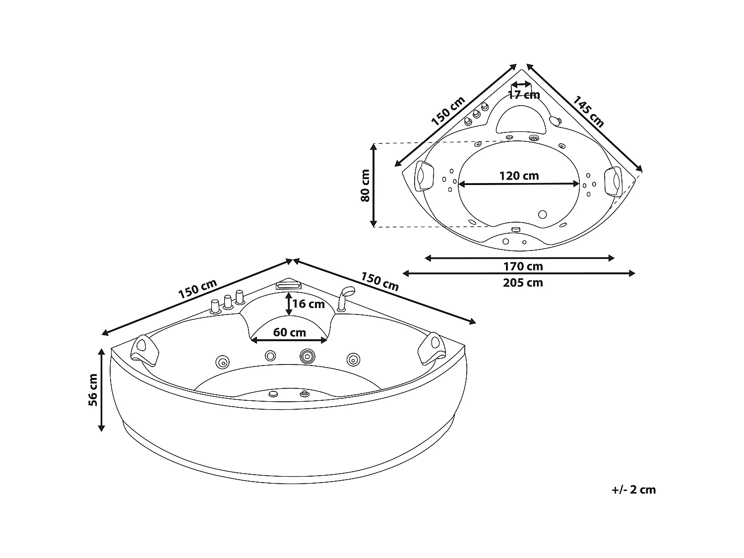 Whirlpool Badewanne Eckmodell mit LED SENADO 205 x 150 cm Weiss