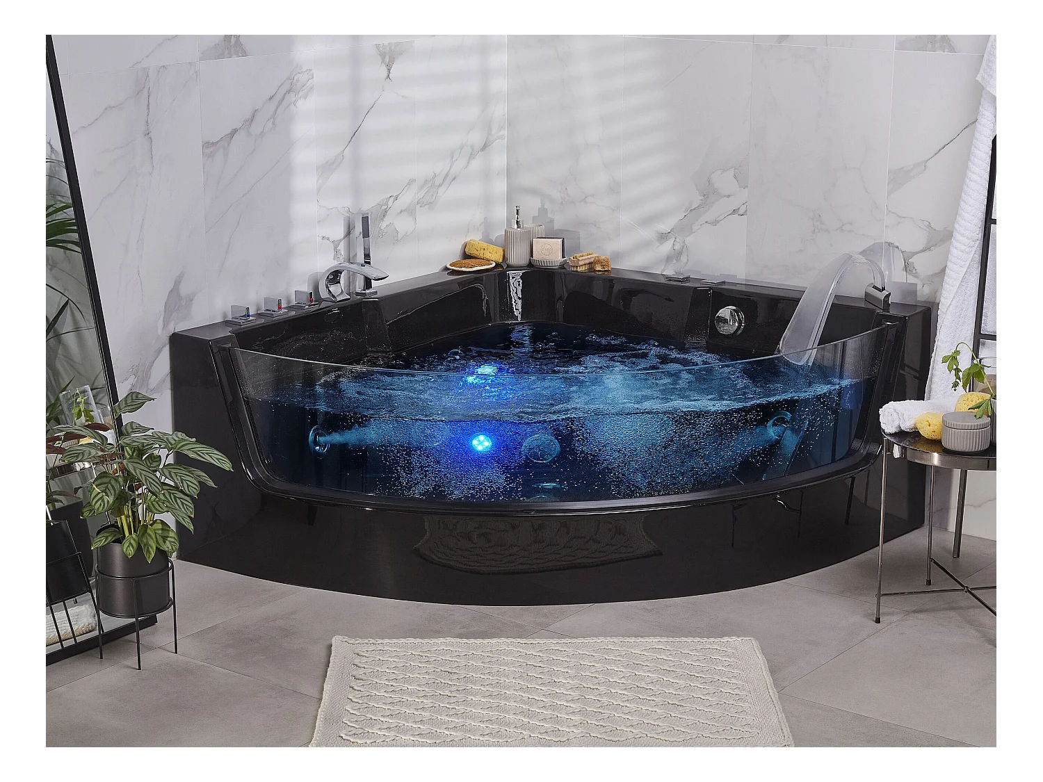 Hoek bubbelbad met LED MARINA 190 x 135 cm Zwart