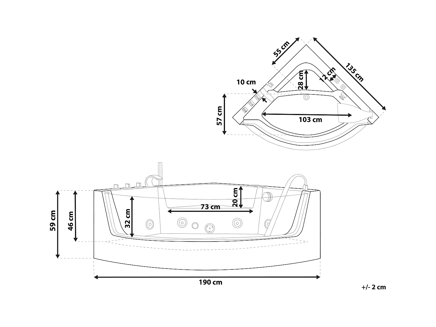 Hoek bubbelbad met LED MARINA 190 x 135 cm Zwart