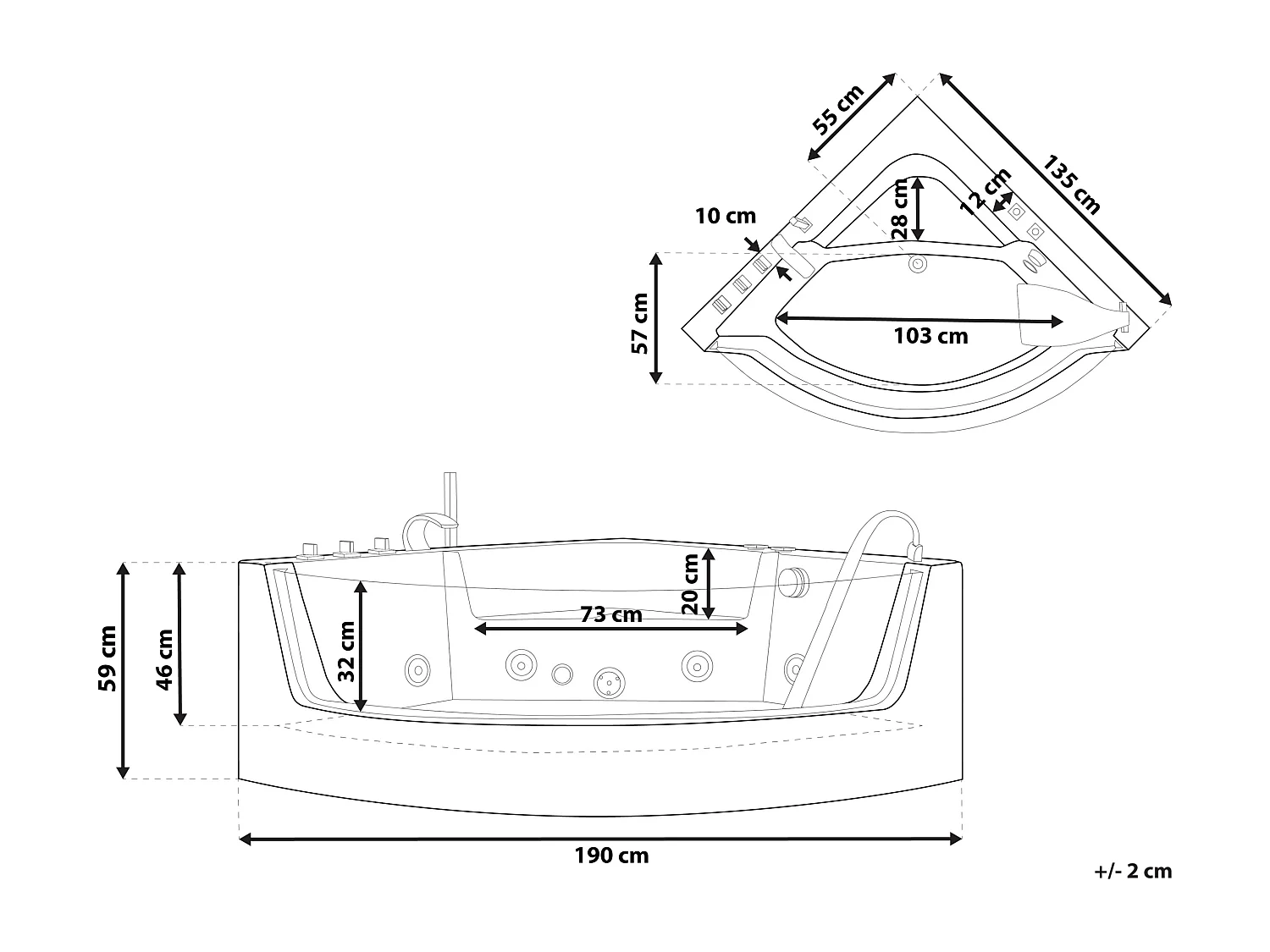Hoek bubbelbad met LED MARINA 190 x 135 cm Zwart