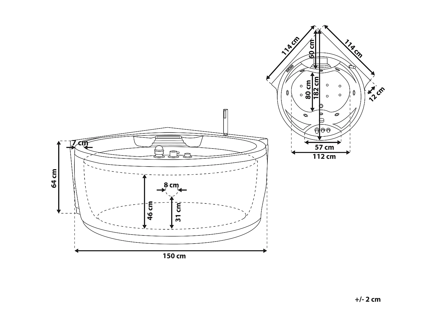 Baignoire d'angle à remous avec LED MILANO Avec haut-parleur Bluetooth intégré 181 x 150 cm Blanc