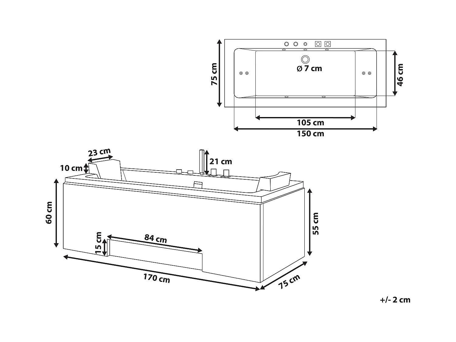 Whirlwanne Badewanne Spa weiß rechteckige Doppelwanne mit Massage LED Galley