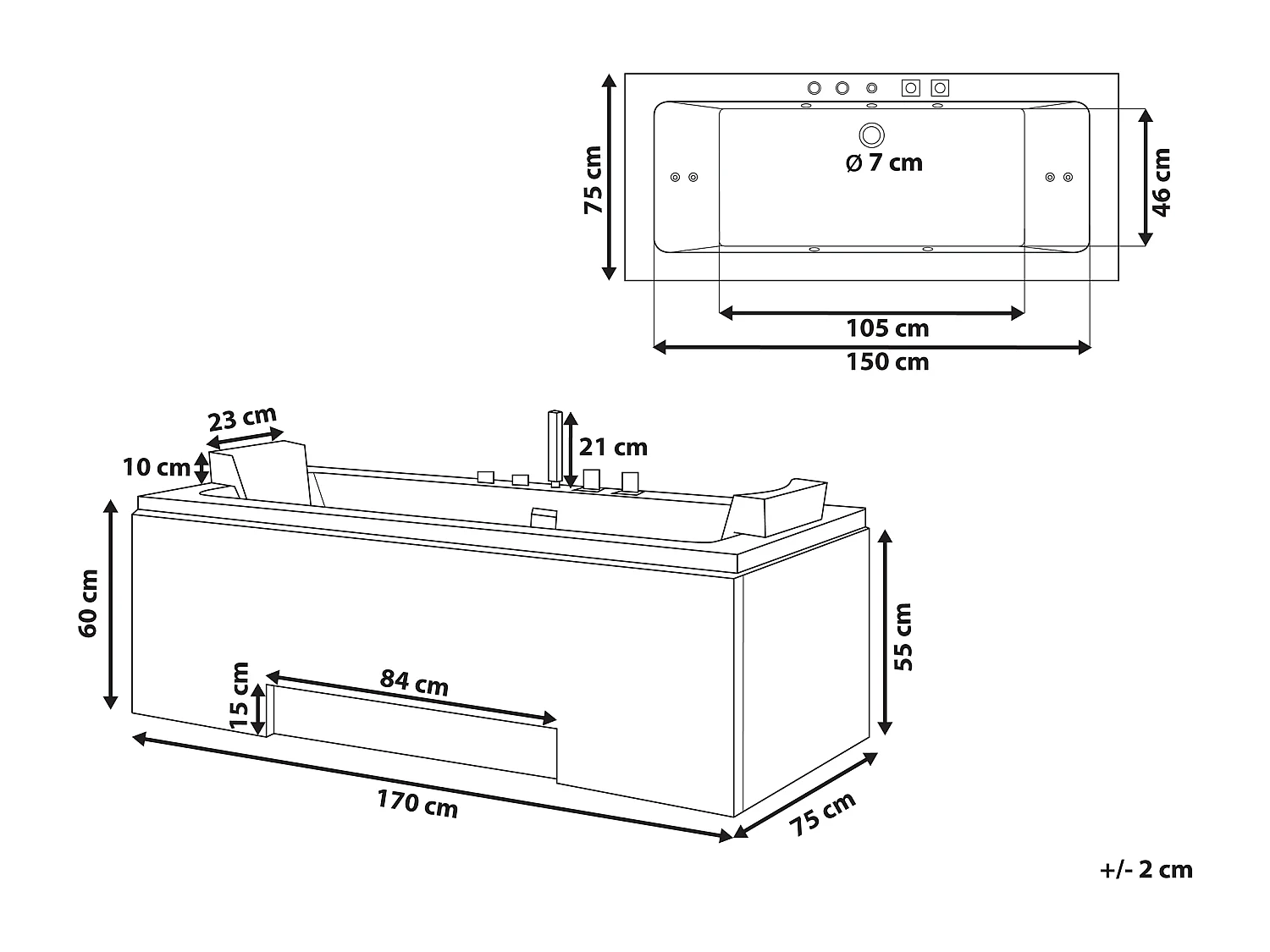 Banheira de hidromassagem de canto com LED GALLEY 1700 x 750 mm Branco