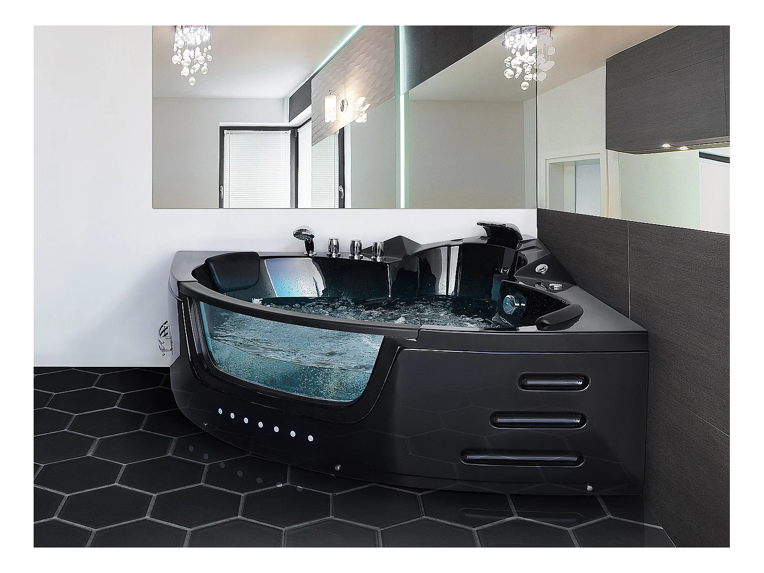 Baignoire d'angle à remous avec LED MARTINICA 214 x 155 cm Noir