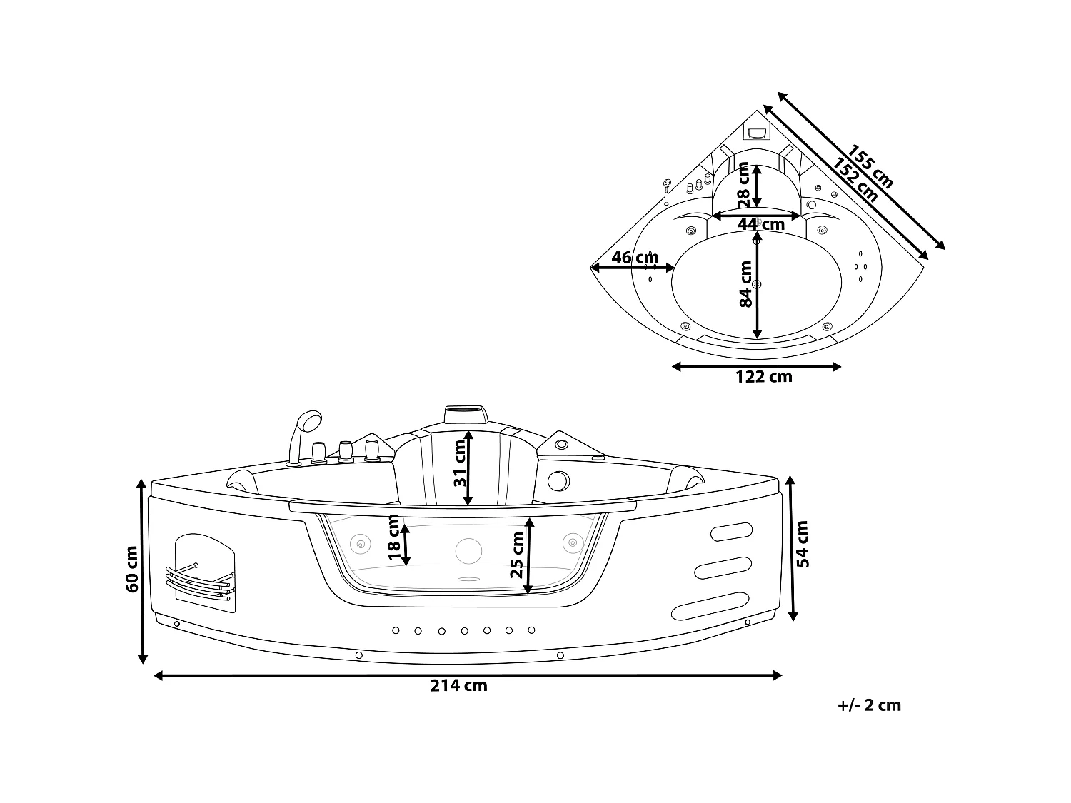 Baignoire d'angle à remous avec LED MARTINICA 214 x 155 cm Noir