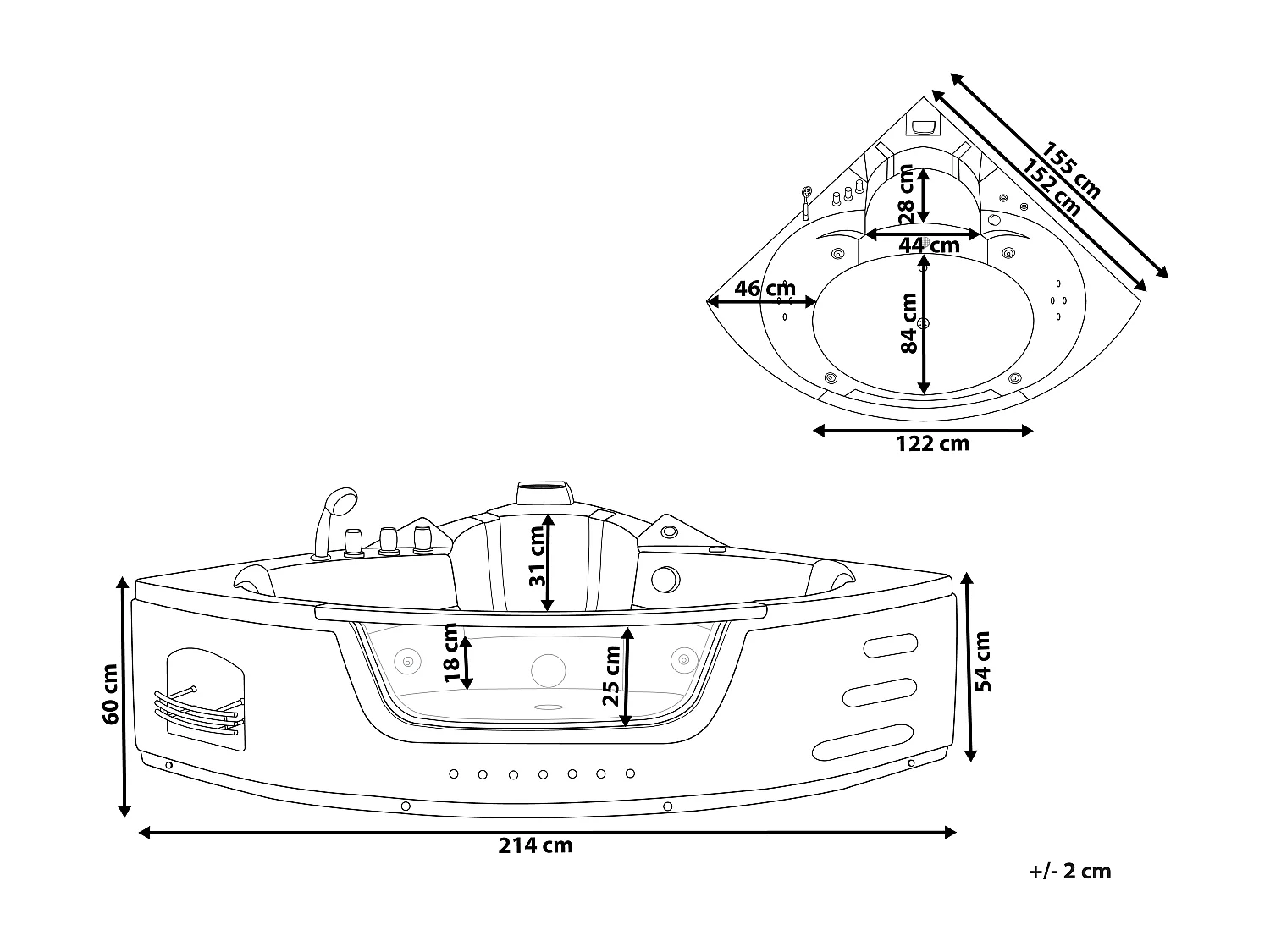 Baignoire d'angle à remous avec LED MARTINICA 214 x 155 cm Noir