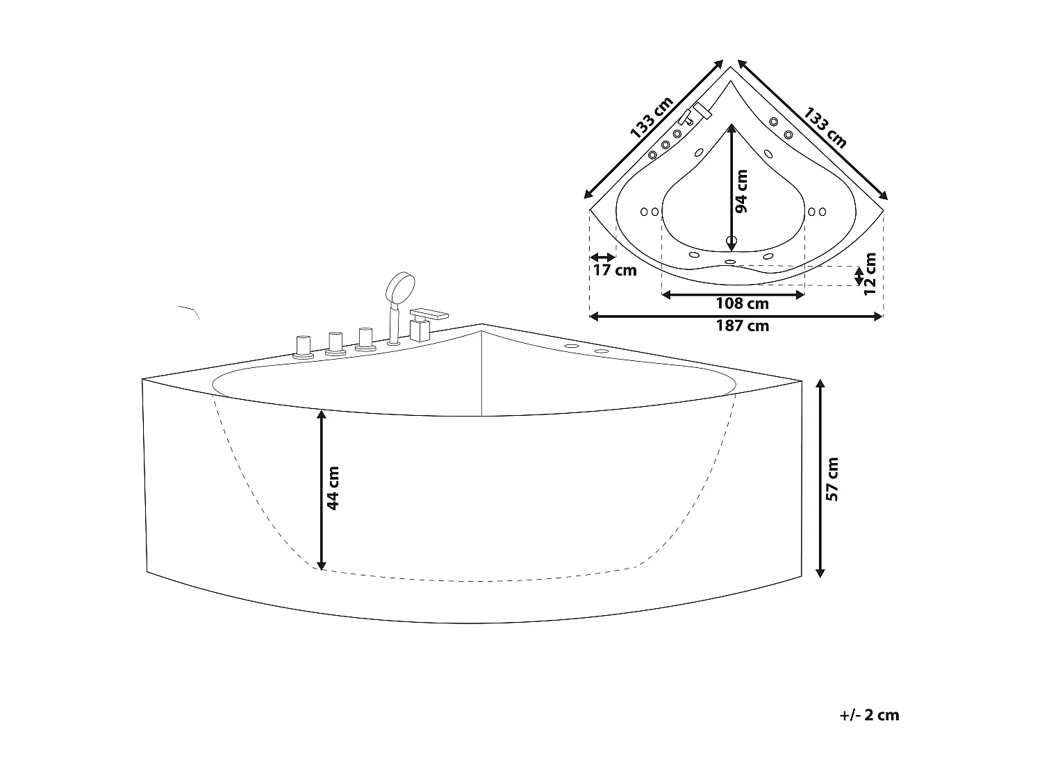 Luxus Whirlwanne Eckbadewanne Spa weiß mit Massage Überlauf 187 x 133 cm Islita