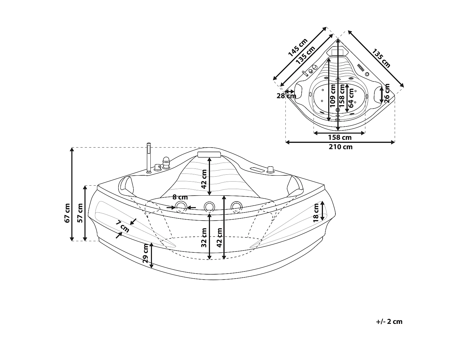 Baignoire d'angle à remous avec LED MONACO Avec haut-parleur Bluetooth intégré 210 x 145 cm Blanc
