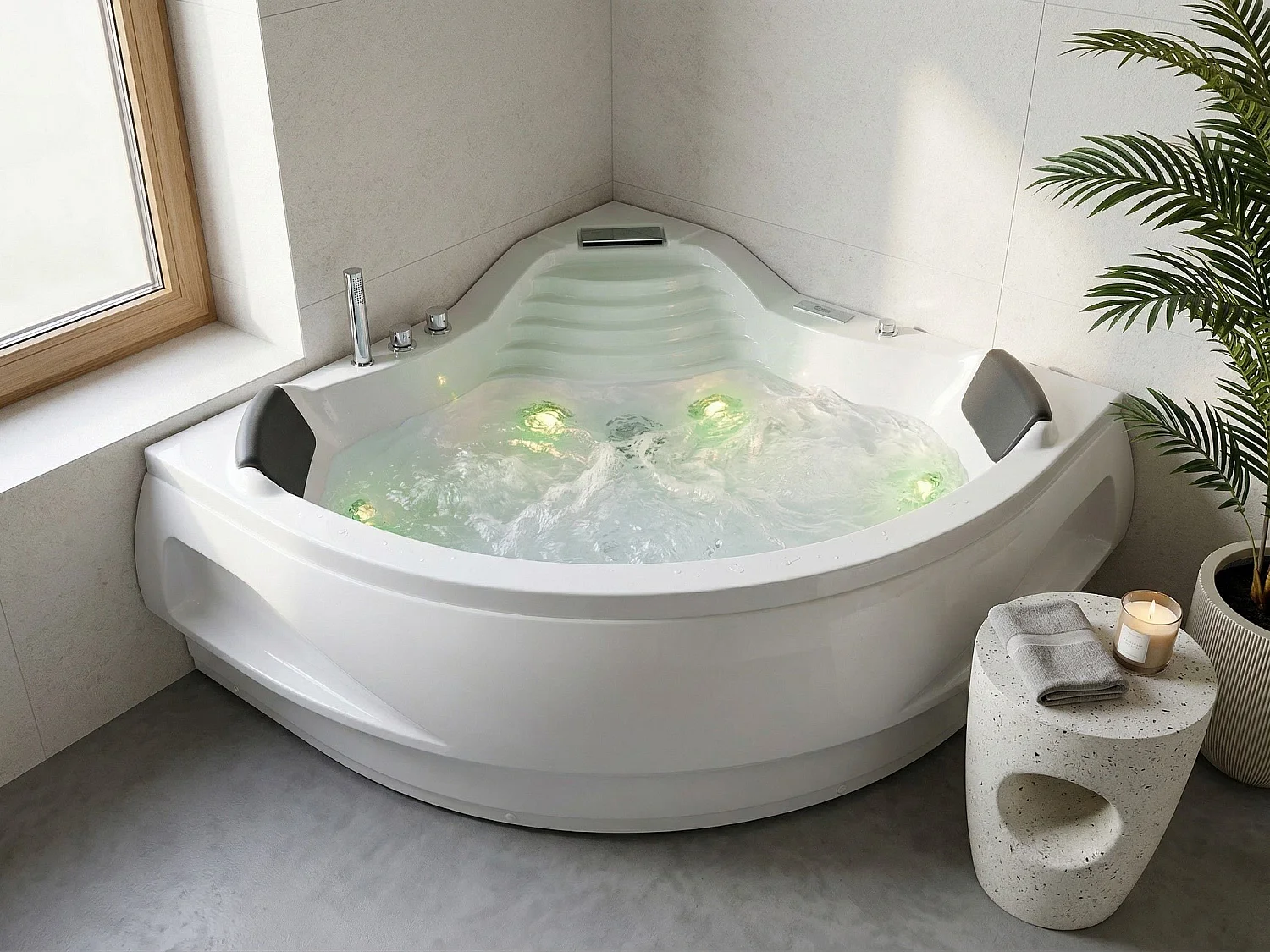Baignoire d'angle à remous avec LED MONACO Avec haut-parleur Bluetooth intégré 210 x 145 cm Blanc