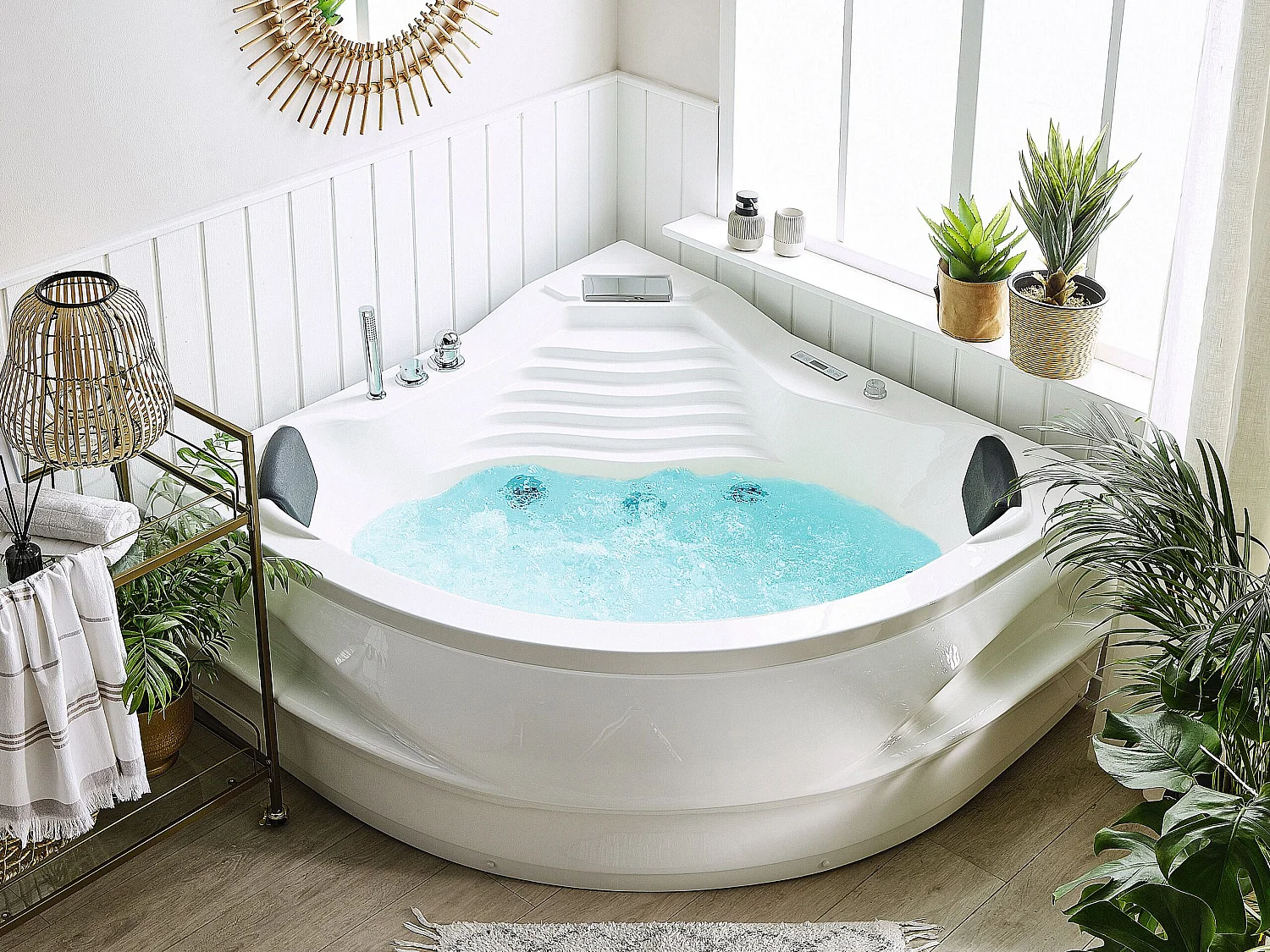 Baignoire d'angle à remous avec LED MONACO Avec haut-parleur Bluetooth intégré 210 x 145 cm Blanc