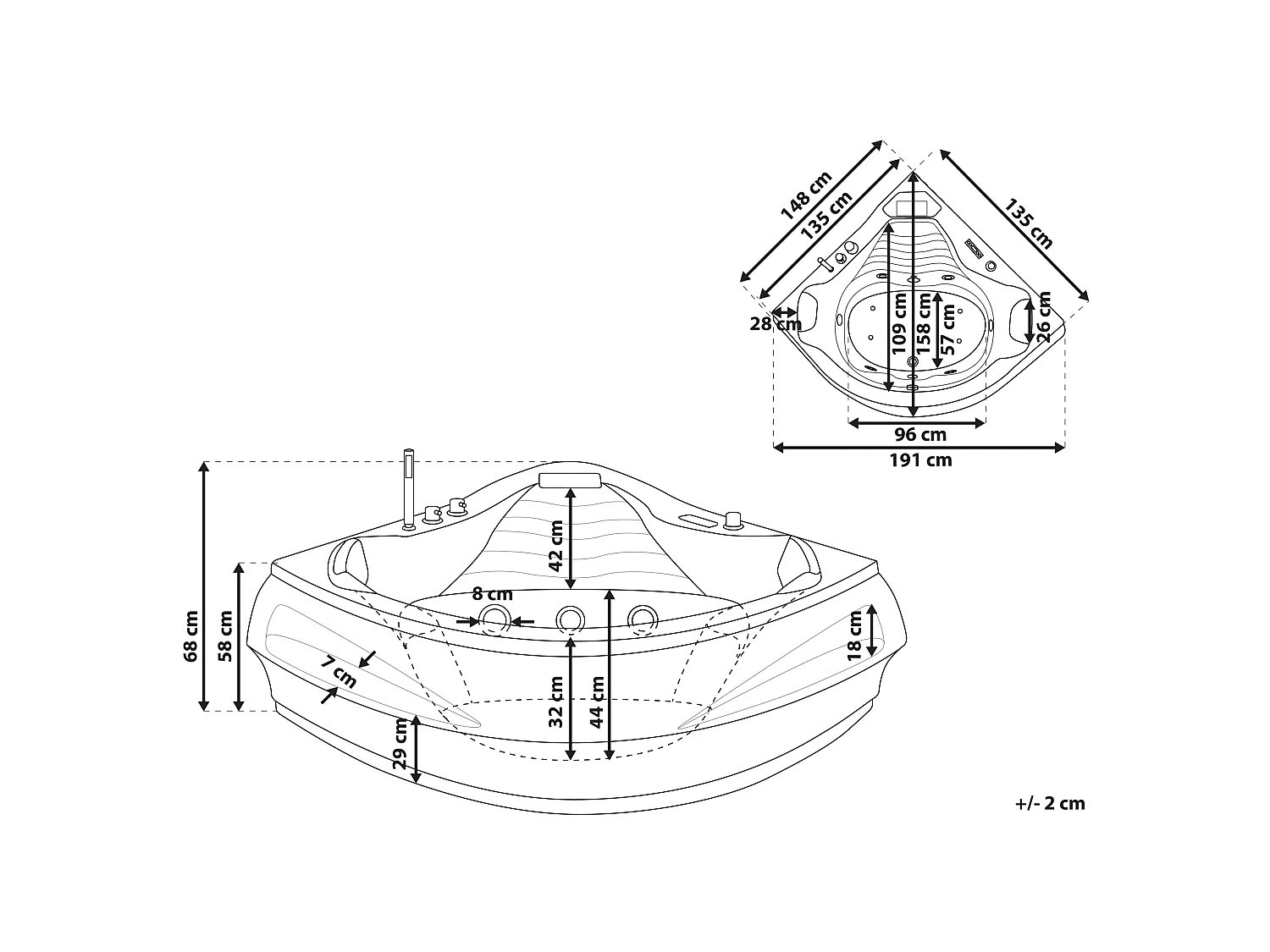 Baignoire d'angle à remous avec LED MONACO Avec haut-parleur Bluetooth intégré 210 x 145 cm Blanc