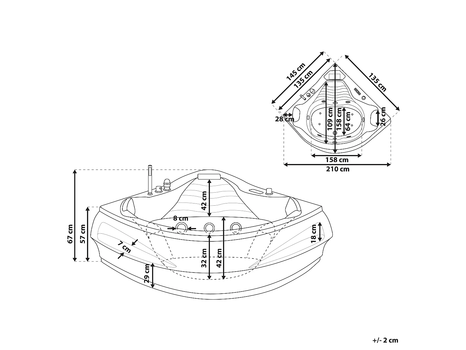 Baignoire d'angle à remous avec LED MONACO Avec haut-parleur Bluetooth intégré 210 x 145 cm Blanc